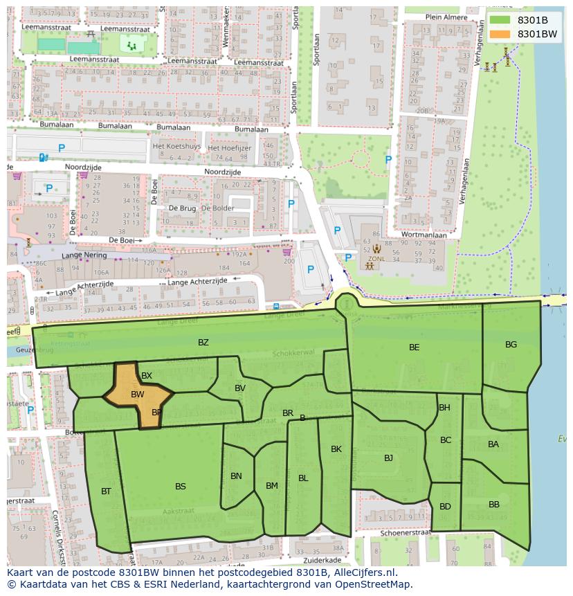 Afbeelding van het postcodegebied 8301 BW op de kaart.