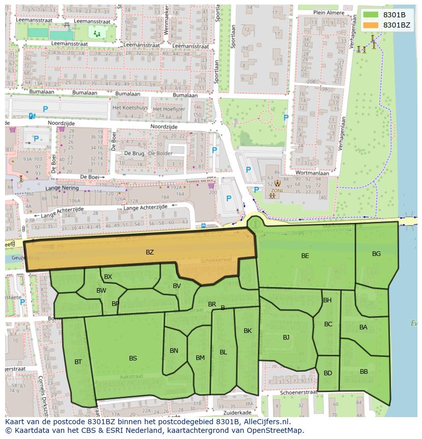 Afbeelding van het postcodegebied 8301 BZ op de kaart.