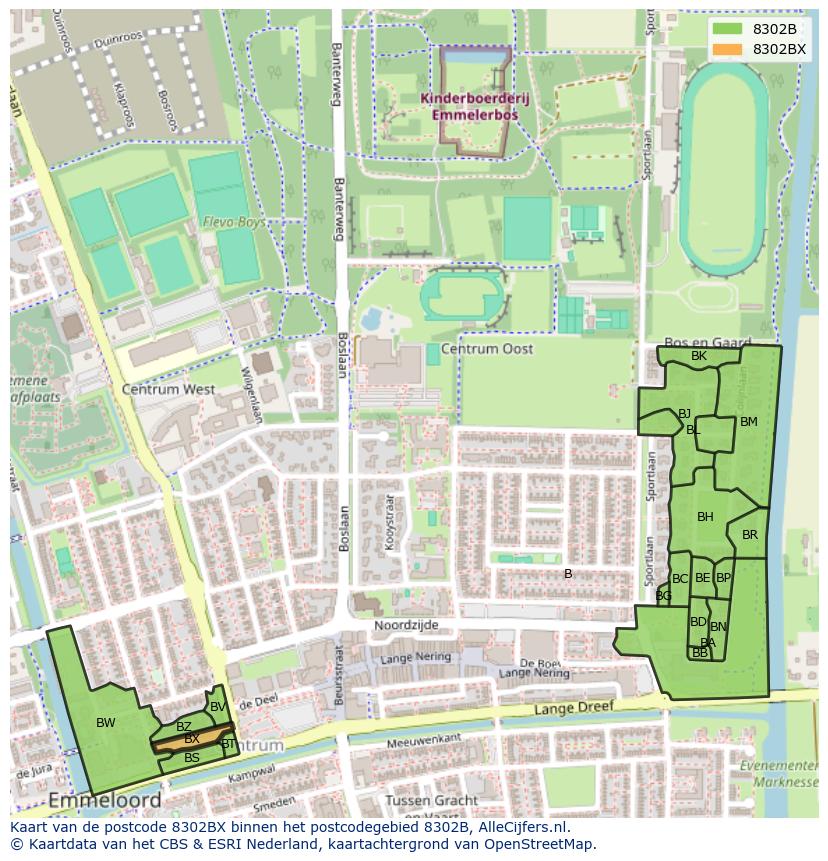 Afbeelding van het postcodegebied 8302 BX op de kaart.