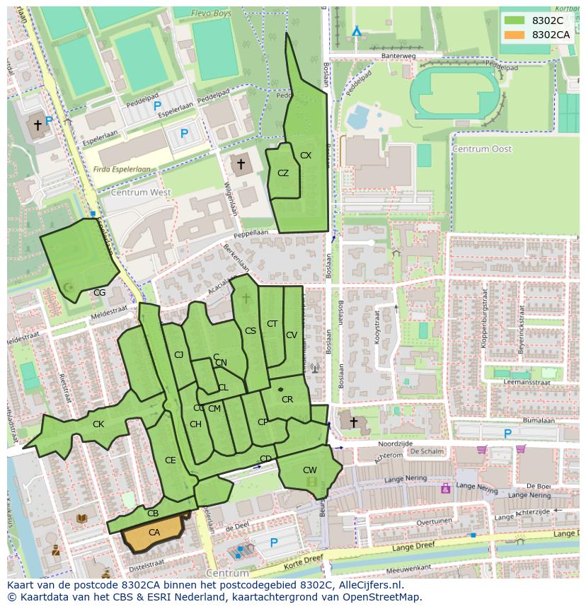 Afbeelding van het postcodegebied 8302 CA op de kaart.