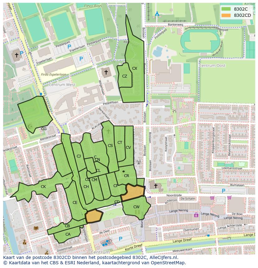 Afbeelding van het postcodegebied 8302 CD op de kaart.