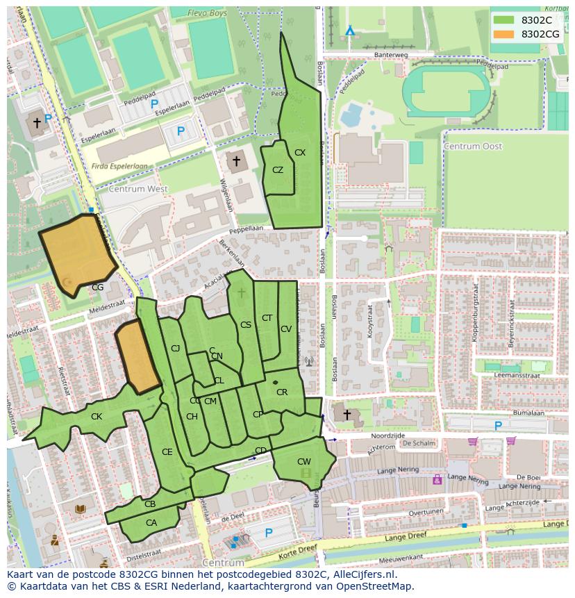 Afbeelding van het postcodegebied 8302 CG op de kaart.
