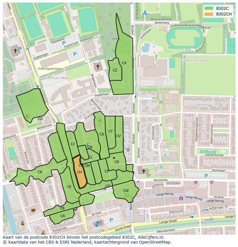 Afbeelding van het postcodegebied 8302 CH op de kaart.