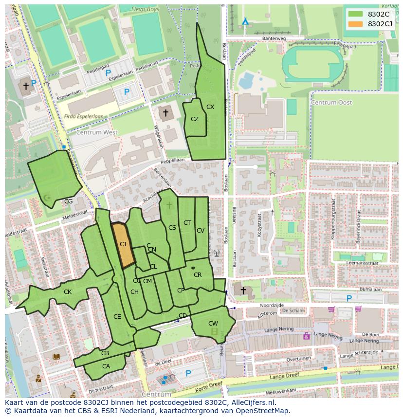 Afbeelding van het postcodegebied 8302 CJ op de kaart.