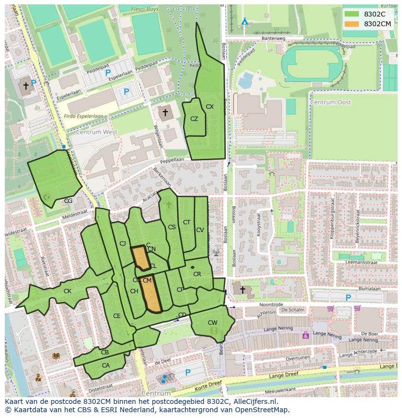 Afbeelding van het postcodegebied 8302 CM op de kaart.