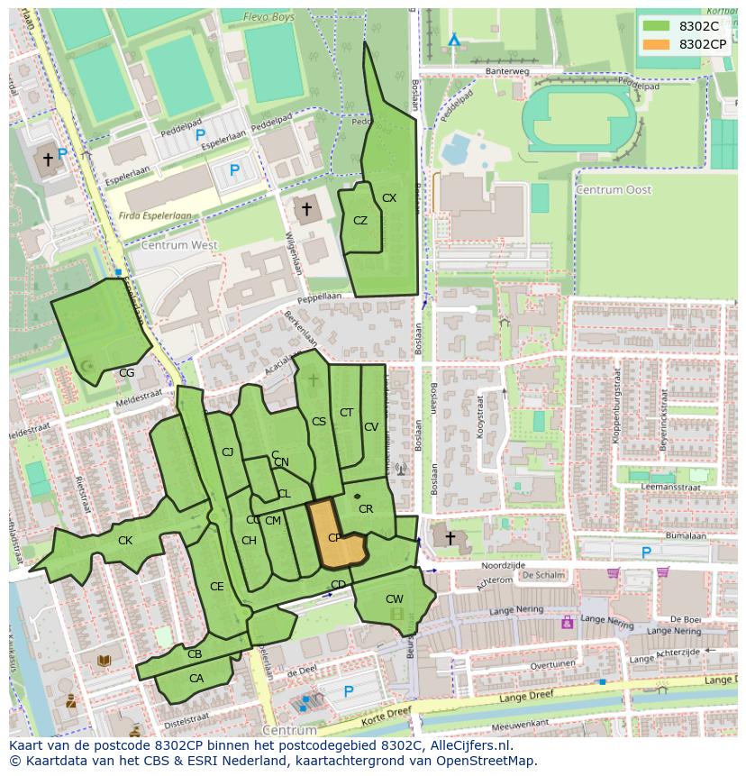 Afbeelding van het postcodegebied 8302 CP op de kaart.