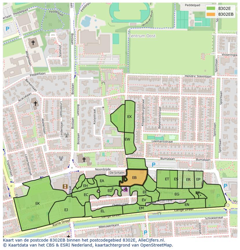 Afbeelding van het postcodegebied 8302 EB op de kaart.