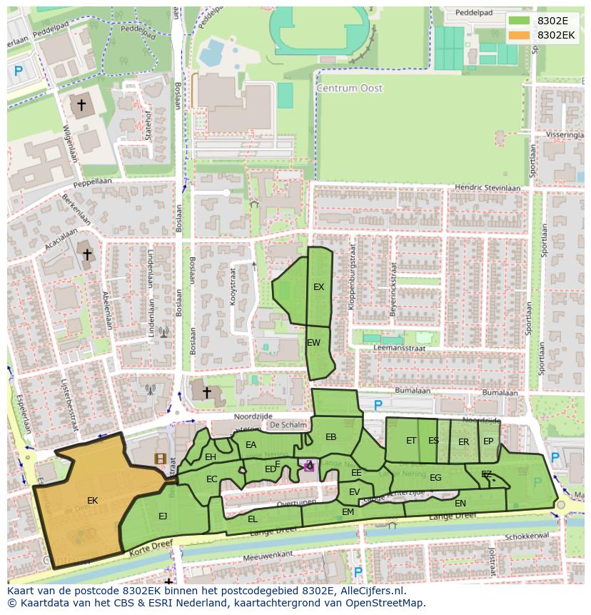 Afbeelding van het postcodegebied 8302 EK op de kaart.