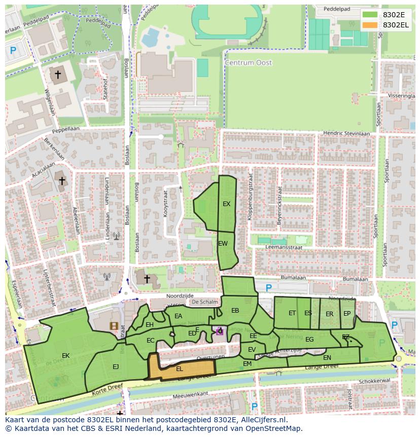Afbeelding van het postcodegebied 8302 EL op de kaart.
