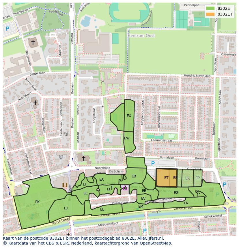 Afbeelding van het postcodegebied 8302 ET op de kaart.