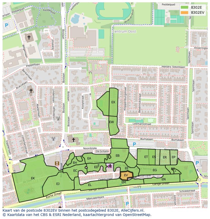 Afbeelding van het postcodegebied 8302 EV op de kaart.