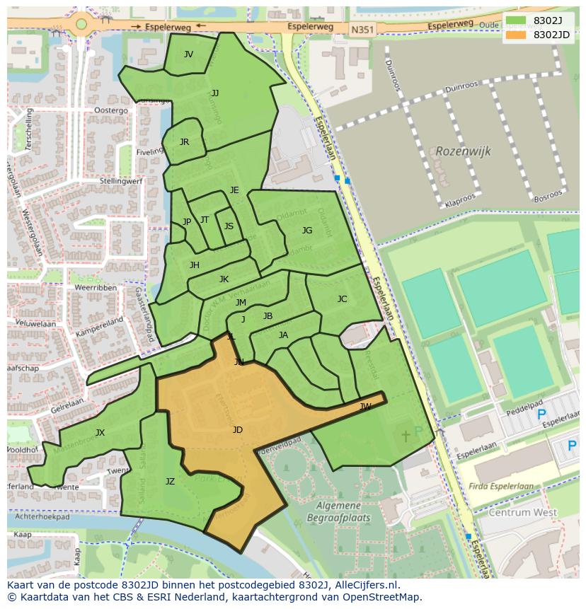 Afbeelding van het postcodegebied 8302 JD op de kaart.