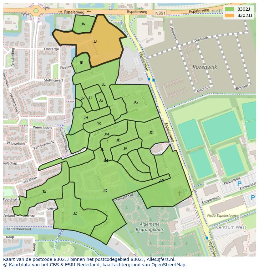 Afbeelding van het postcodegebied 8302 JJ op de kaart.
