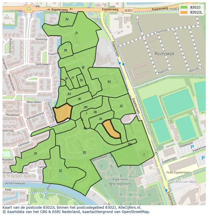 Afbeelding van het postcodegebied 8302 JL op de kaart.
