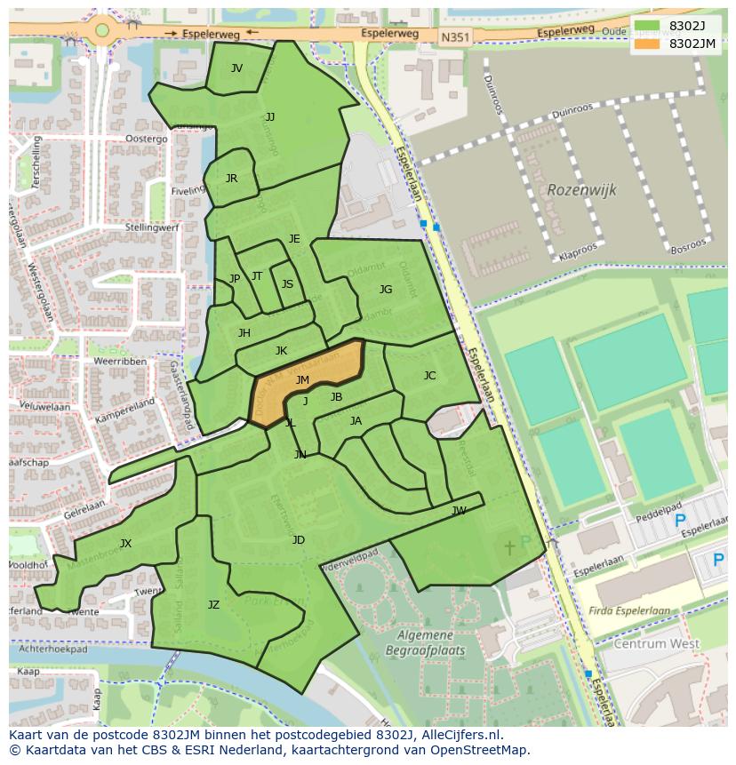 Afbeelding van het postcodegebied 8302 JM op de kaart.
