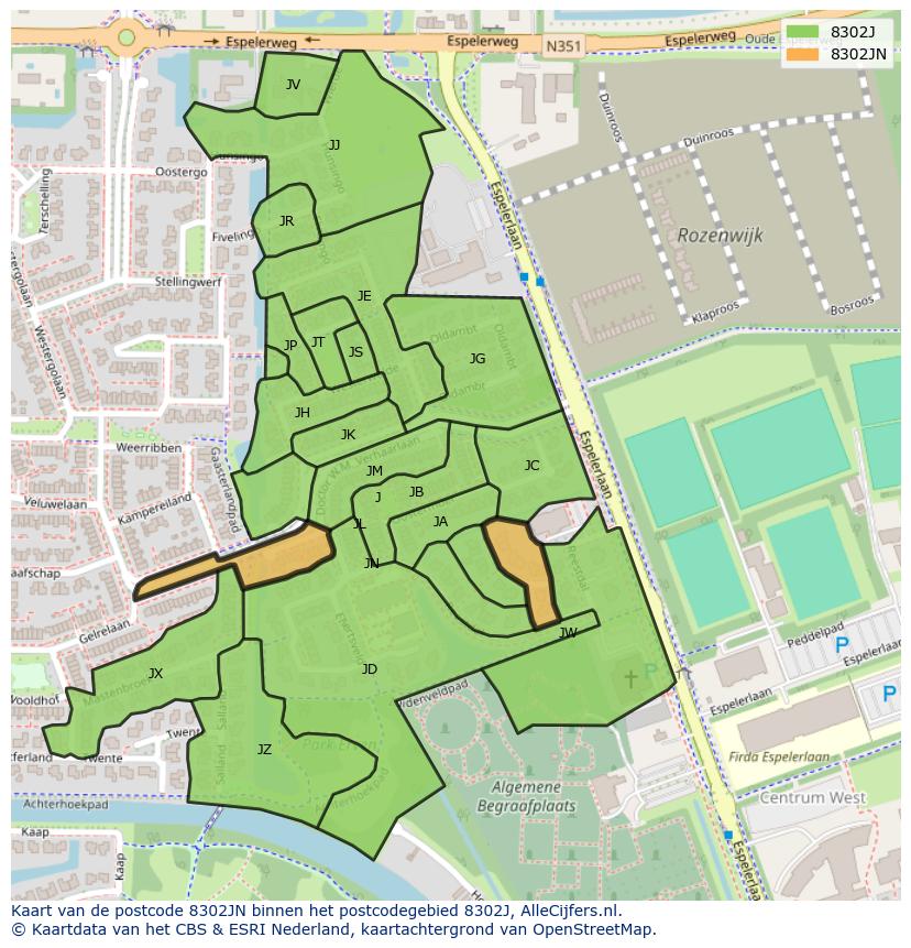 Afbeelding van het postcodegebied 8302 JN op de kaart.