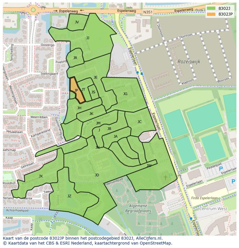 Afbeelding van het postcodegebied 8302 JP op de kaart.