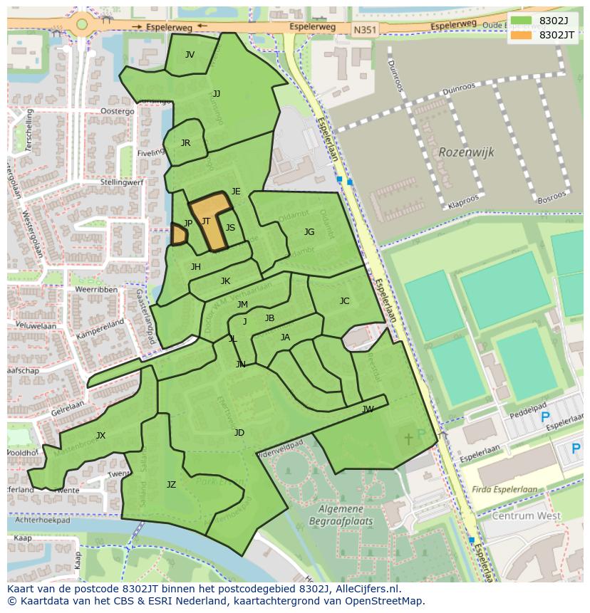 Afbeelding van het postcodegebied 8302 JT op de kaart.