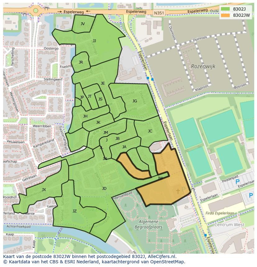 Afbeelding van het postcodegebied 8302 JW op de kaart.
