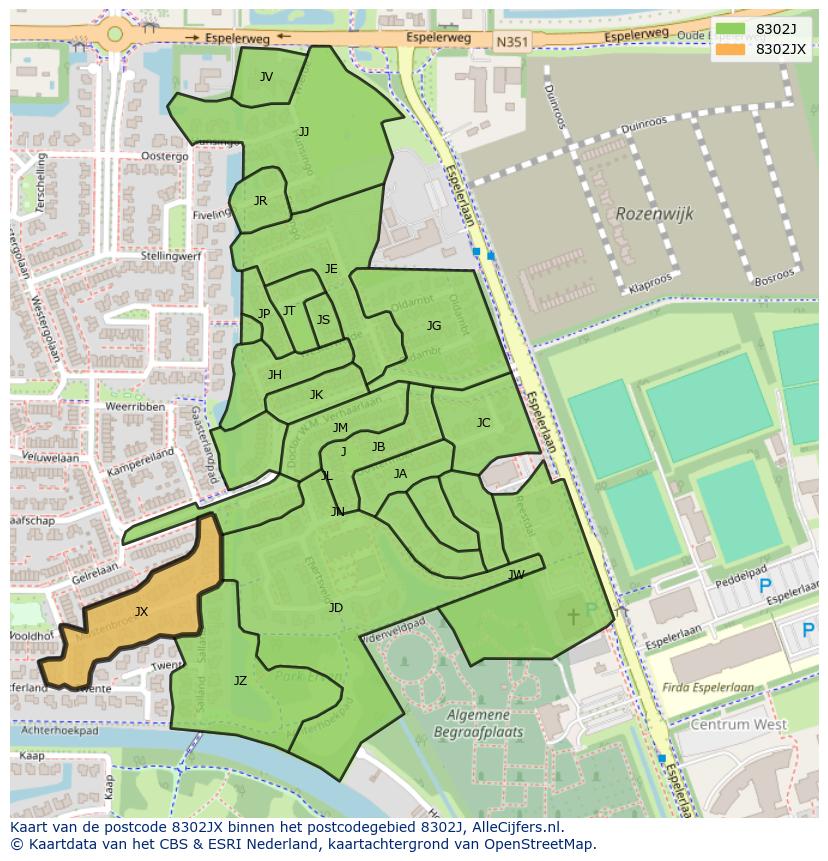 Afbeelding van het postcodegebied 8302 JX op de kaart.