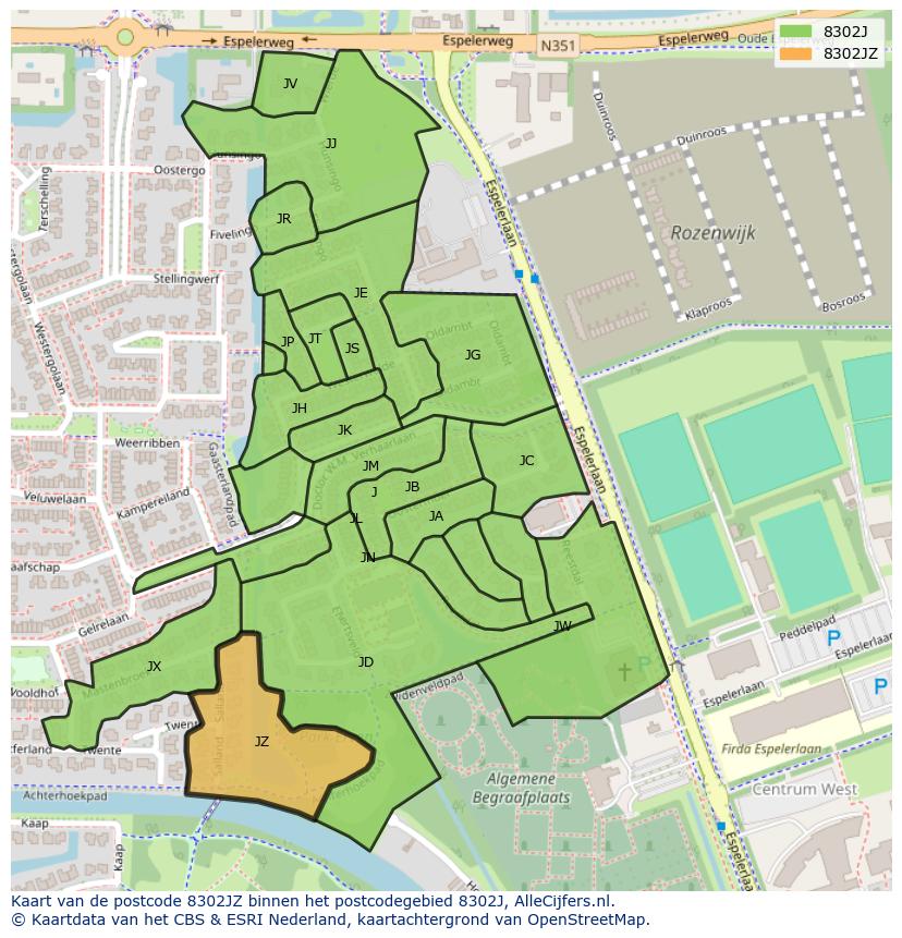Afbeelding van het postcodegebied 8302 JZ op de kaart.