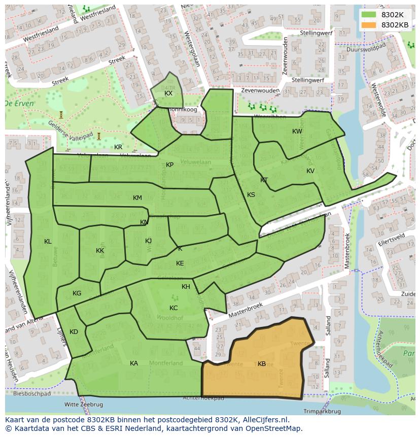 Afbeelding van het postcodegebied 8302 KB op de kaart.