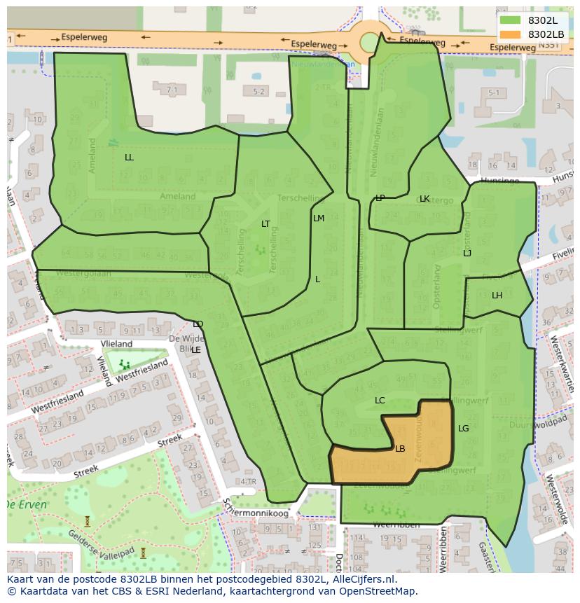 Afbeelding van het postcodegebied 8302 LB op de kaart.