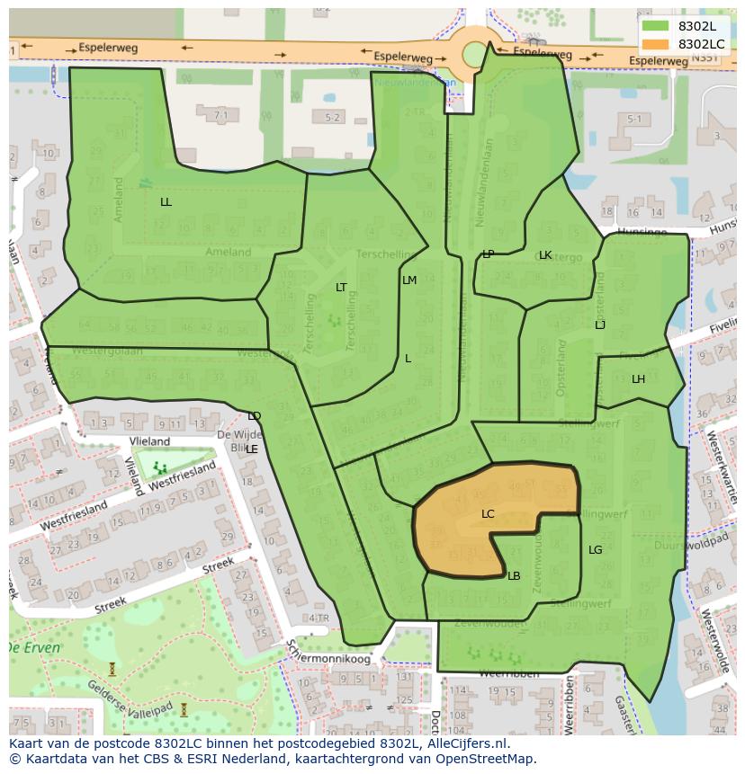 Afbeelding van het postcodegebied 8302 LC op de kaart.