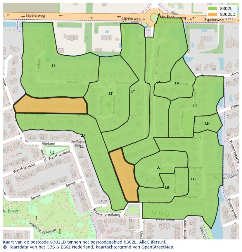 Afbeelding van het postcodegebied 8302 LD op de kaart.