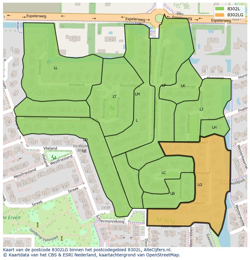 Afbeelding van het postcodegebied 8302 LG op de kaart.