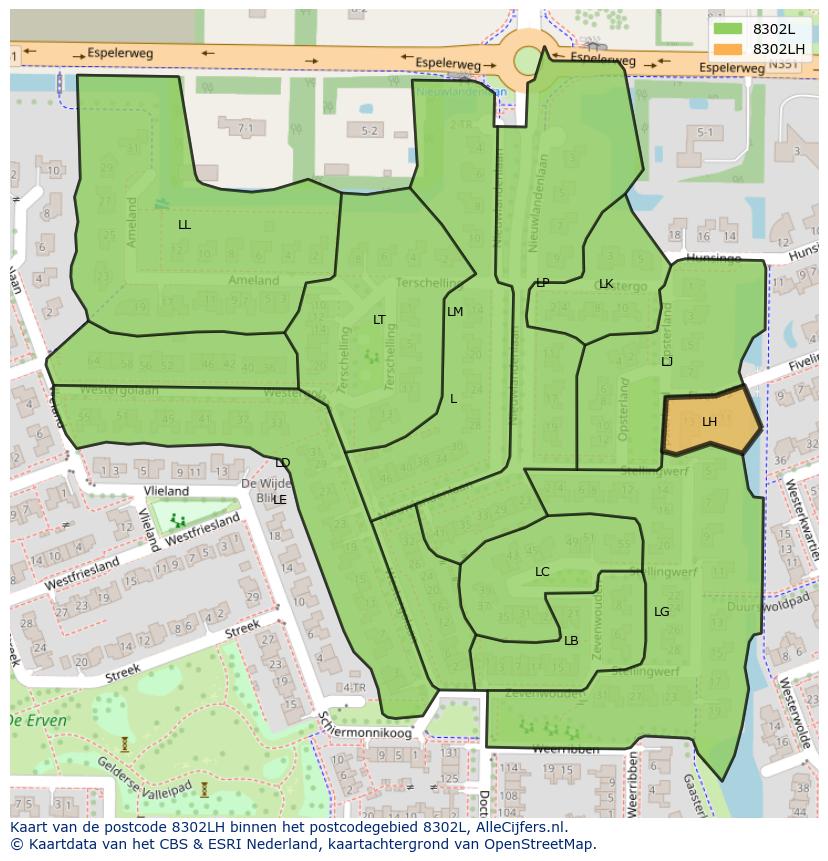 Afbeelding van het postcodegebied 8302 LH op de kaart.