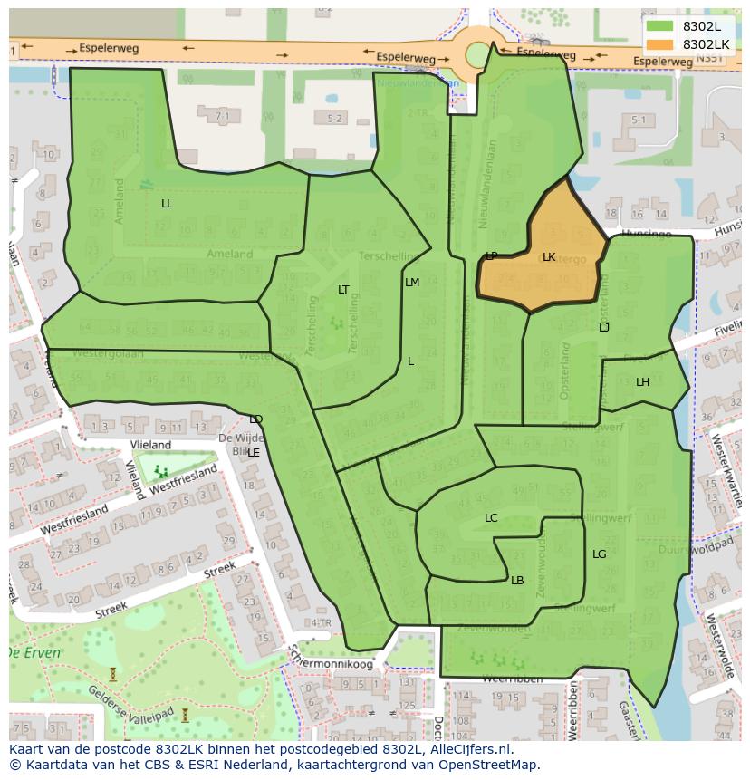 Afbeelding van het postcodegebied 8302 LK op de kaart.