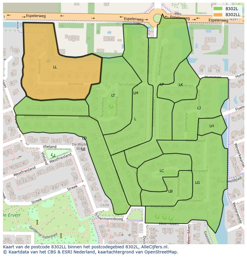 Afbeelding van het postcodegebied 8302 LL op de kaart.