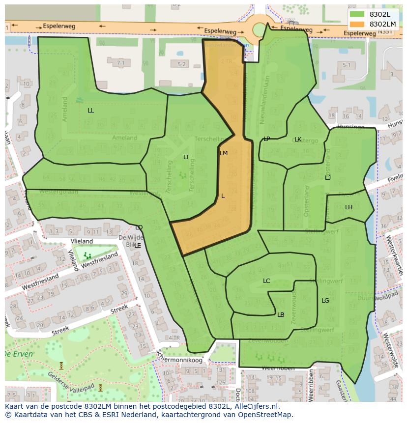Afbeelding van het postcodegebied 8302 LM op de kaart.