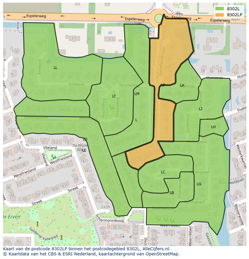 Afbeelding van het postcodegebied 8302 LP op de kaart.