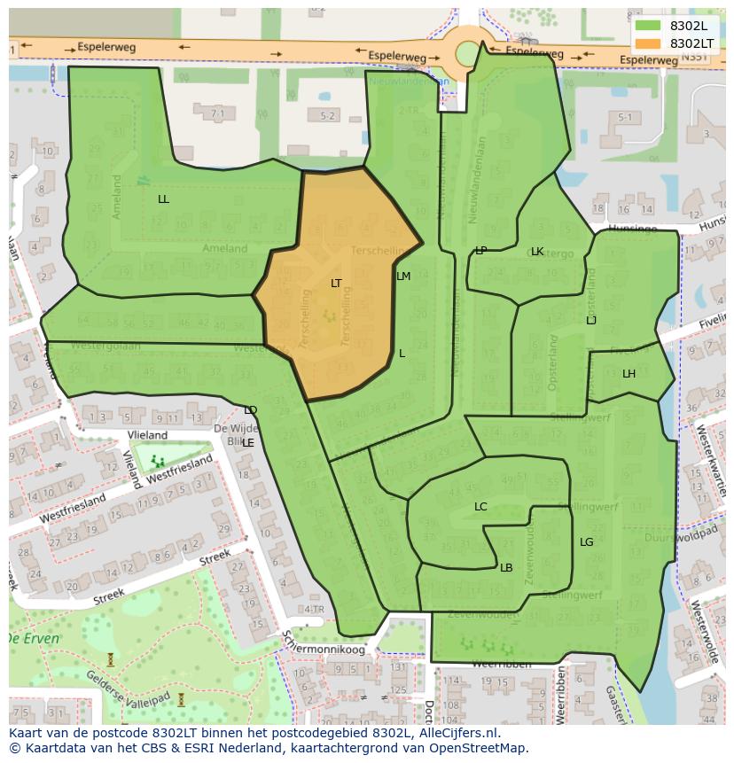 Afbeelding van het postcodegebied 8302 LT op de kaart.