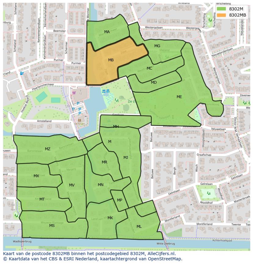 Afbeelding van het postcodegebied 8302 MB op de kaart.