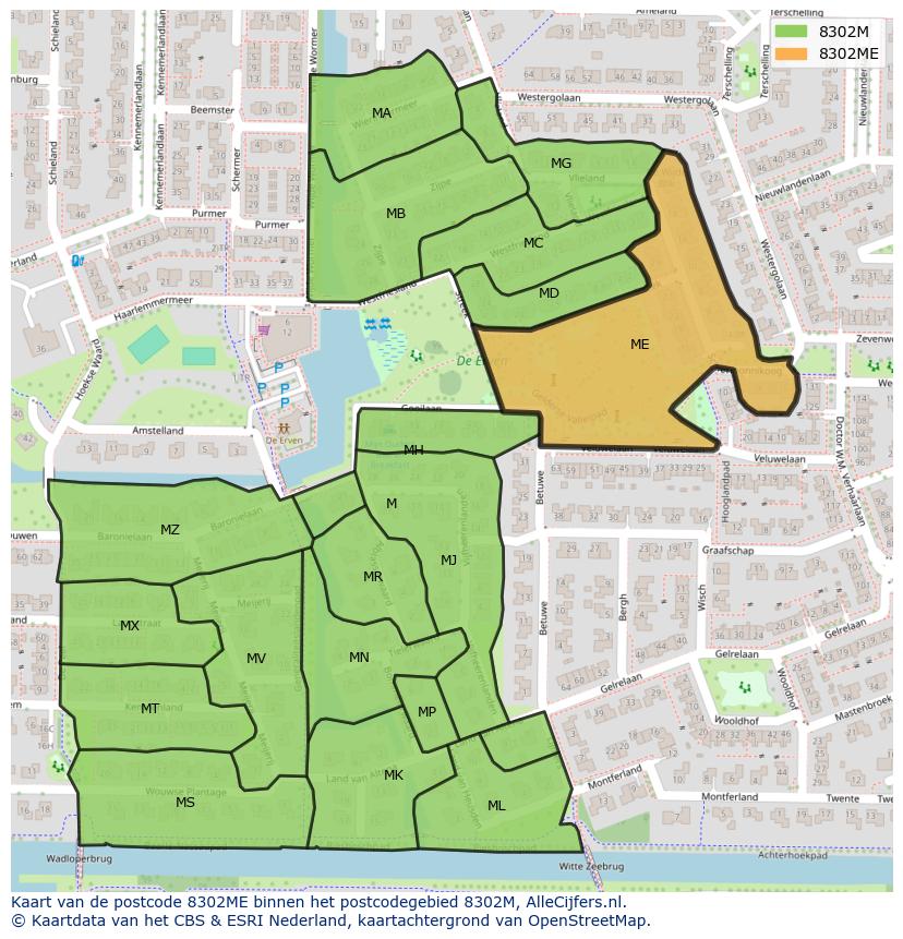 Afbeelding van het postcodegebied 8302 ME op de kaart.