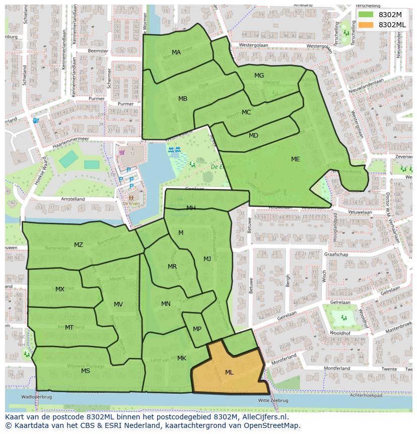 Afbeelding van het postcodegebied 8302 ML op de kaart.
