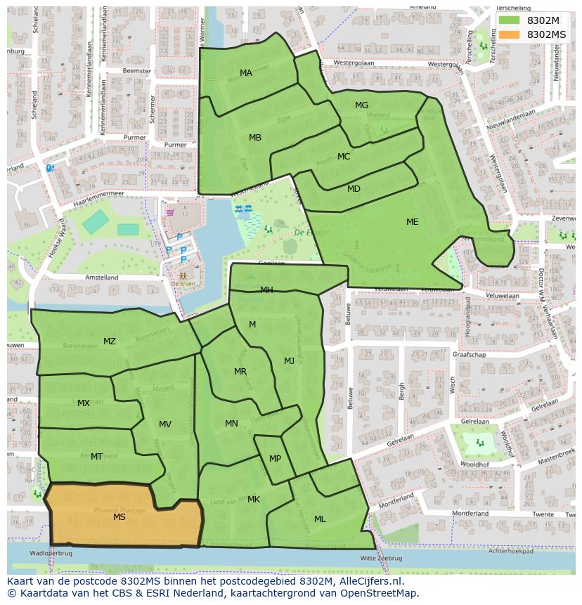 Afbeelding van het postcodegebied 8302 MS op de kaart.