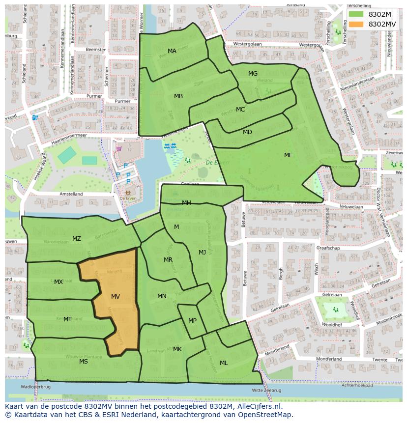 Afbeelding van het postcodegebied 8302 MV op de kaart.