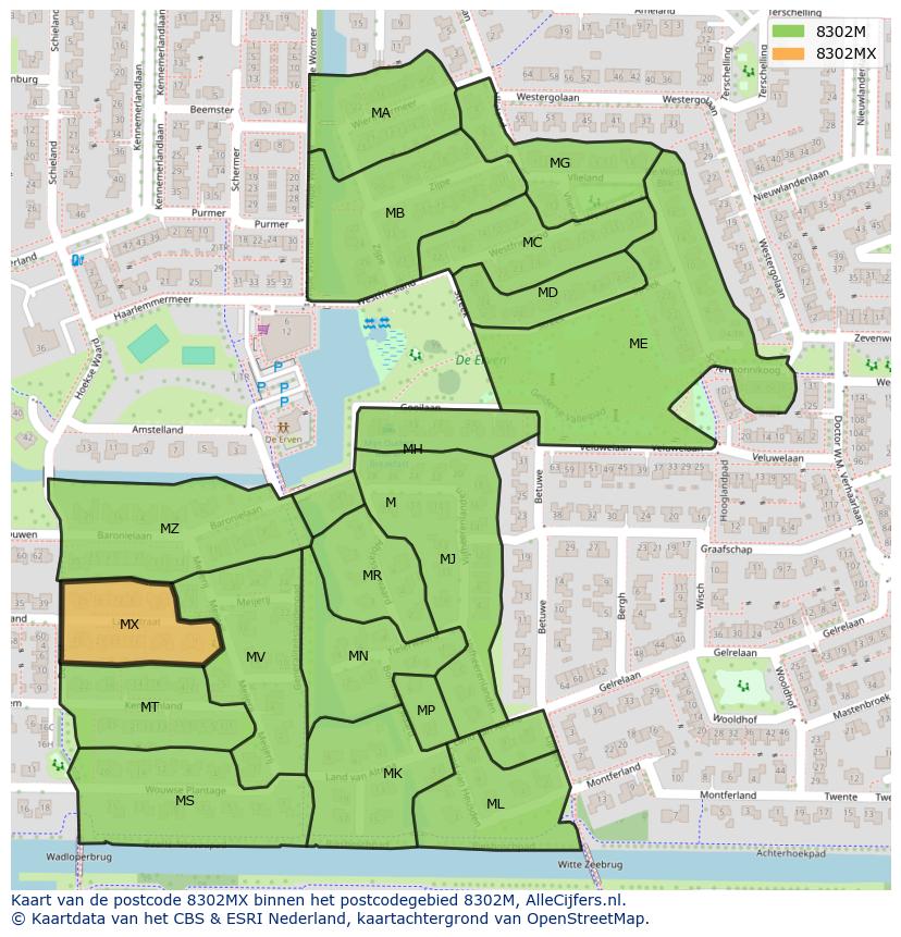Afbeelding van het postcodegebied 8302 MX op de kaart.