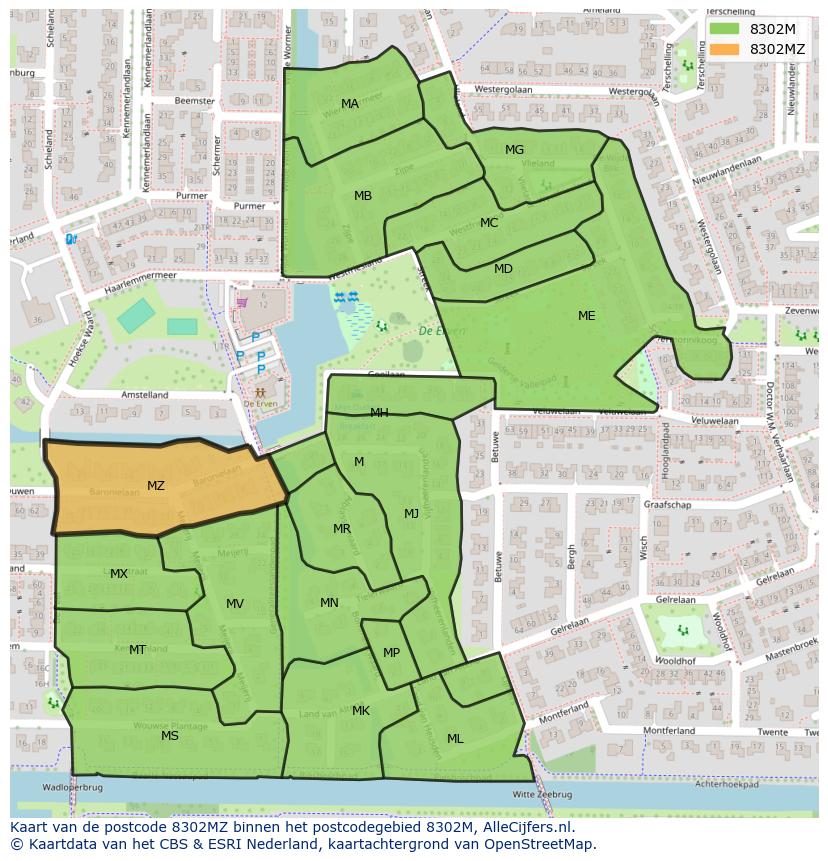 Afbeelding van het postcodegebied 8302 MZ op de kaart.