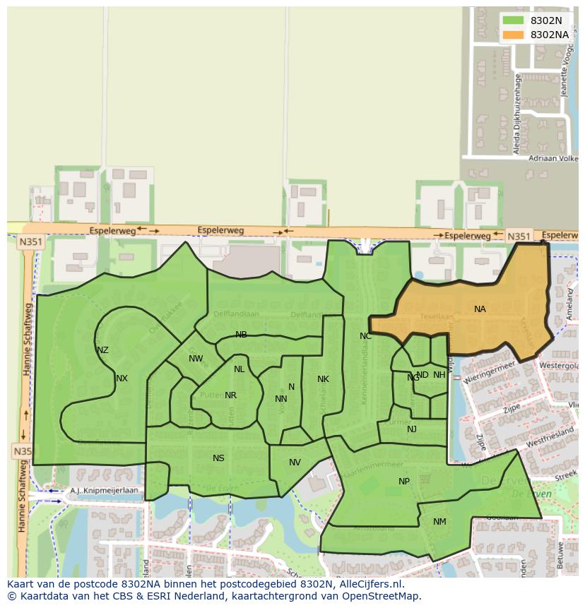 Afbeelding van het postcodegebied 8302 NA op de kaart.