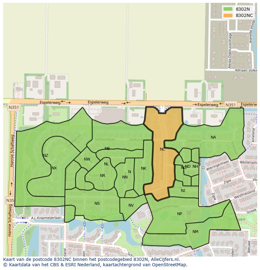 Afbeelding van het postcodegebied 8302 NC op de kaart.
