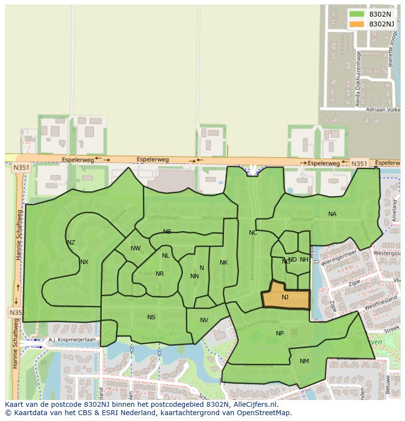 Afbeelding van het postcodegebied 8302 NJ op de kaart.