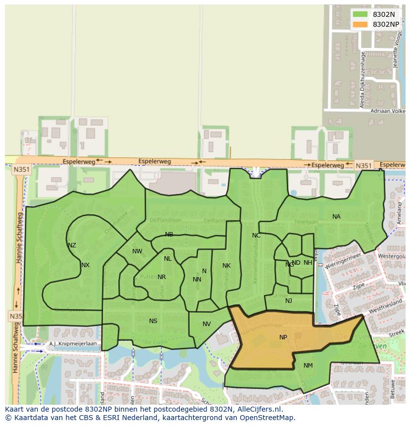 Afbeelding van het postcodegebied 8302 NP op de kaart.