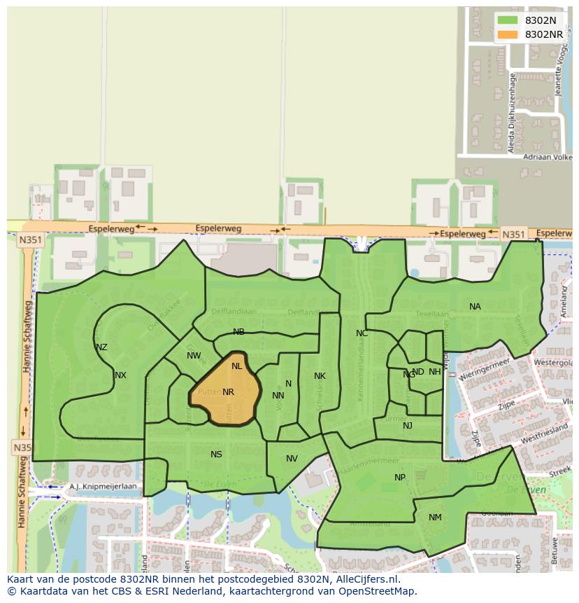 Afbeelding van het postcodegebied 8302 NR op de kaart.
