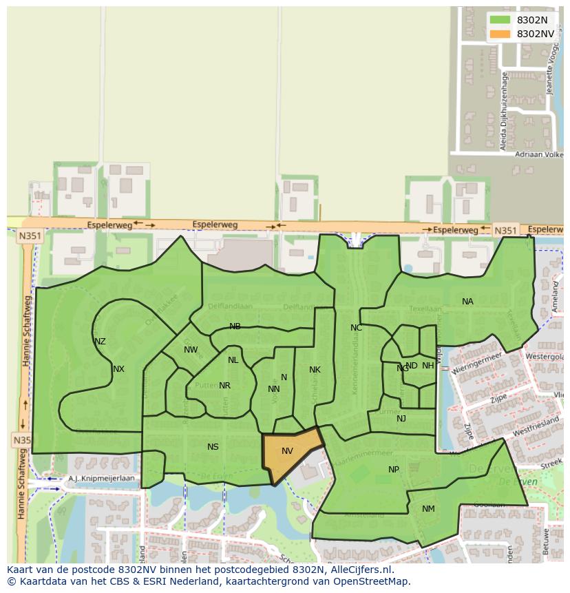 Afbeelding van het postcodegebied 8302 NV op de kaart.