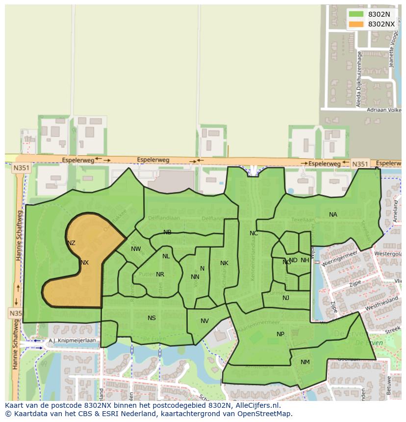 Afbeelding van het postcodegebied 8302 NX op de kaart.